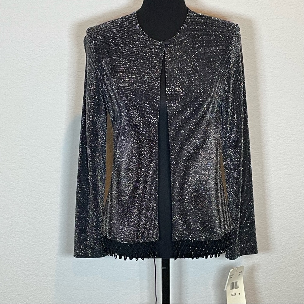Xscape Black Glitter Beaded Fringe Formal Evening Jacket w/o Tank Size M
